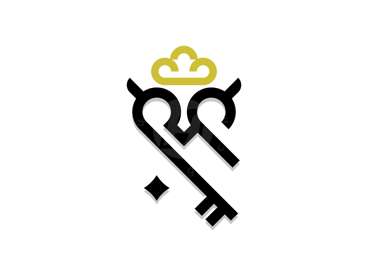Owl Crown Key, Gold cloud crown sits above a black skeleton key with heart-shaped loops and a small diamond accent.