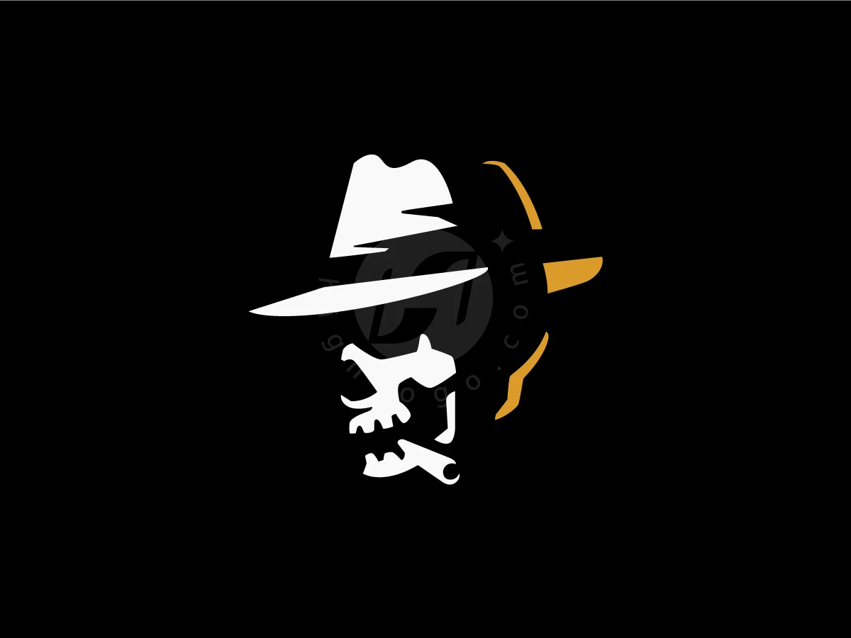 Gold and white shapes illustrate a smoking skull wearing a fedora in this stylized Mafia Skull Logo.