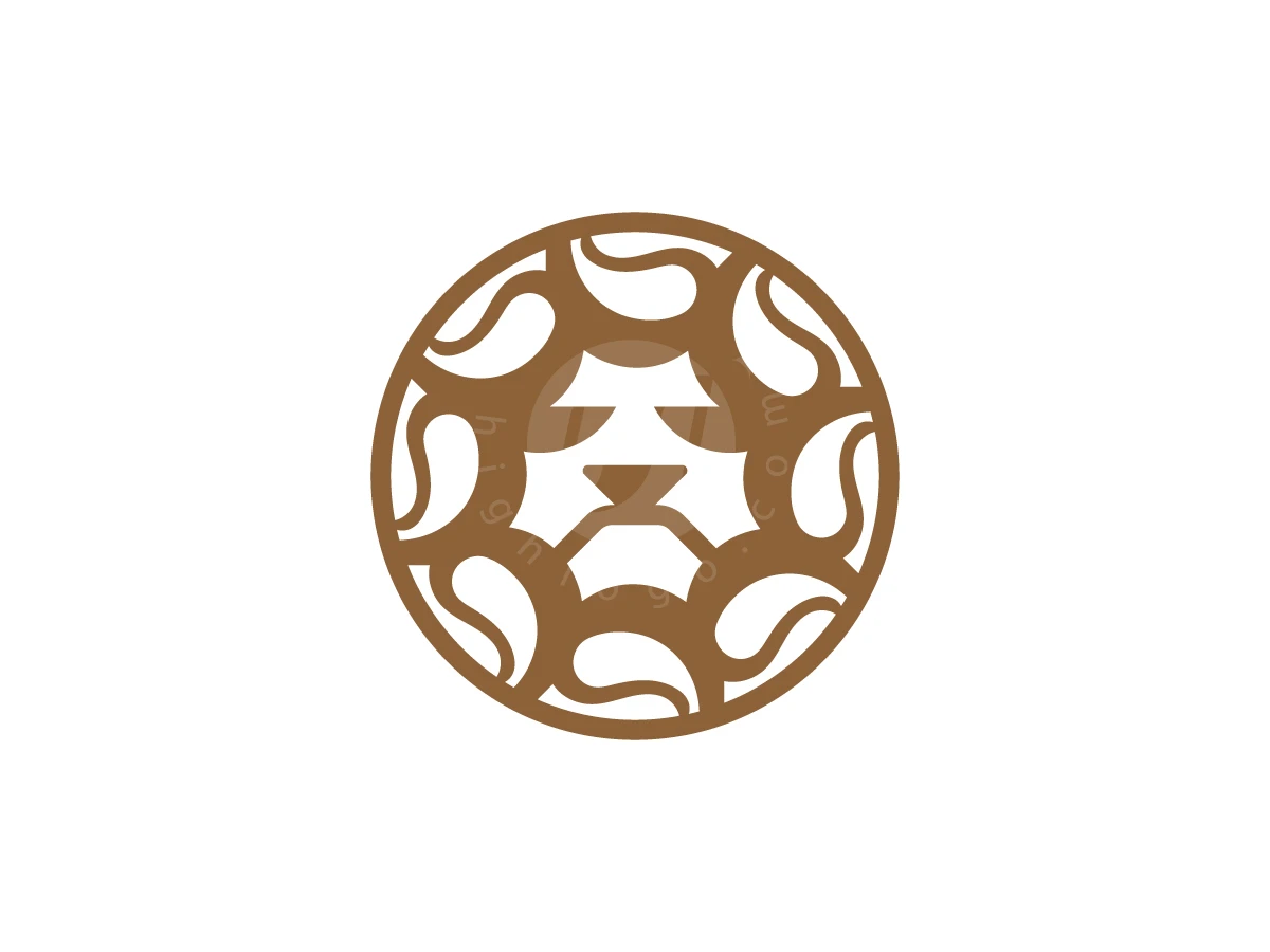 Minimal Coffee Lion Logo, Coffee bean shapes form a circular brown lion's mane surrounding a stylized face on a white background.