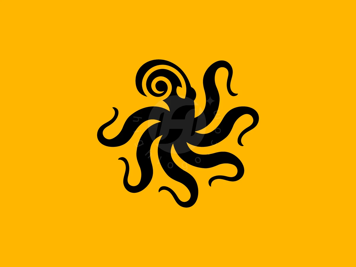 Minimal Octopus Spiral Prime Logo, Curled black tentacles form a stylized octopus silhouette centered on a vibrant yellow background.