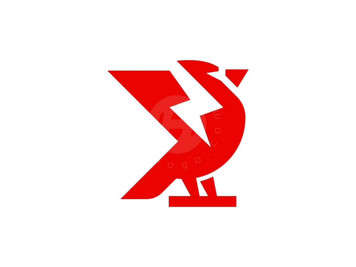 Simple Cardinal Thunder Logo, Perched on a red bar, this stylized red bird design integrates a white lightning bolt through its geometric shape.