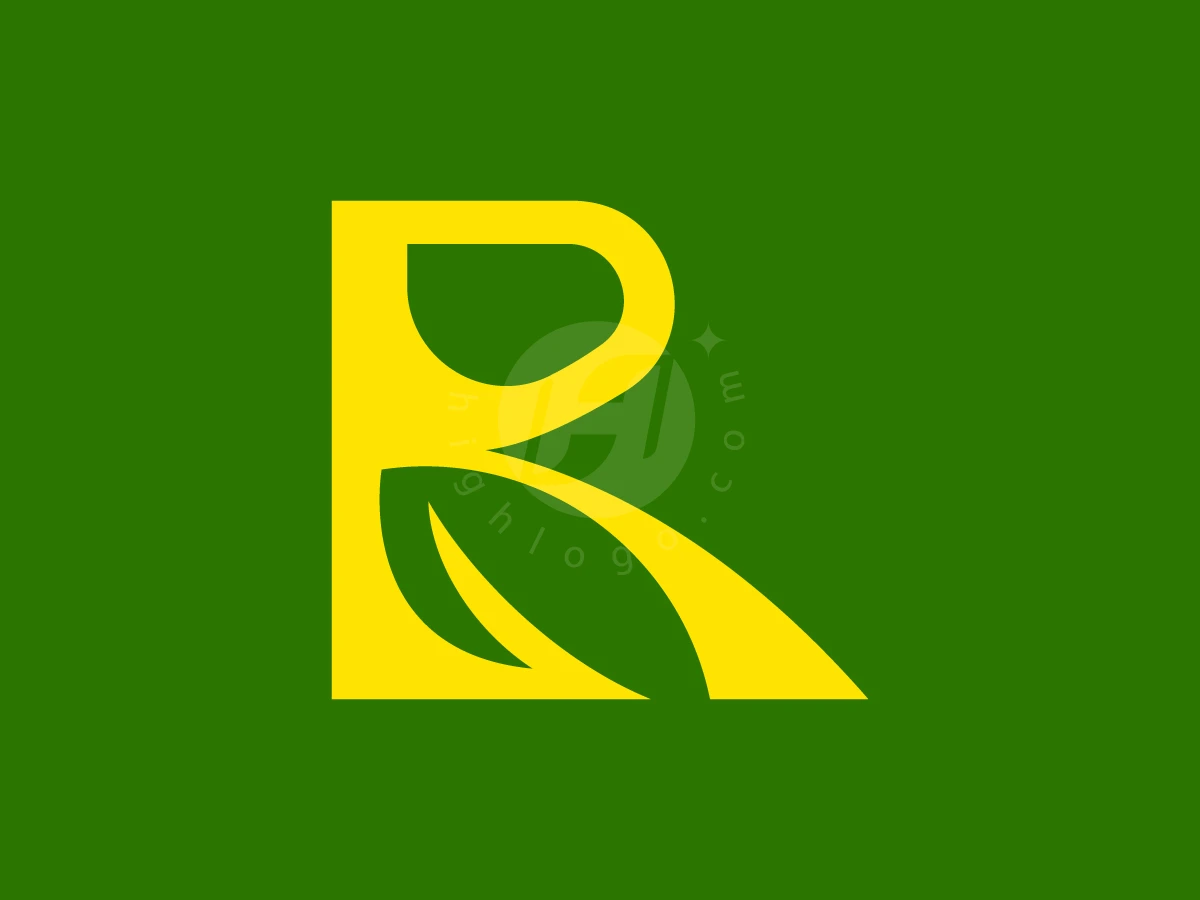 Leaf R Letter Logo, Against a solid green background, a stylized yellow letter R incorporates a green leaf within its design.