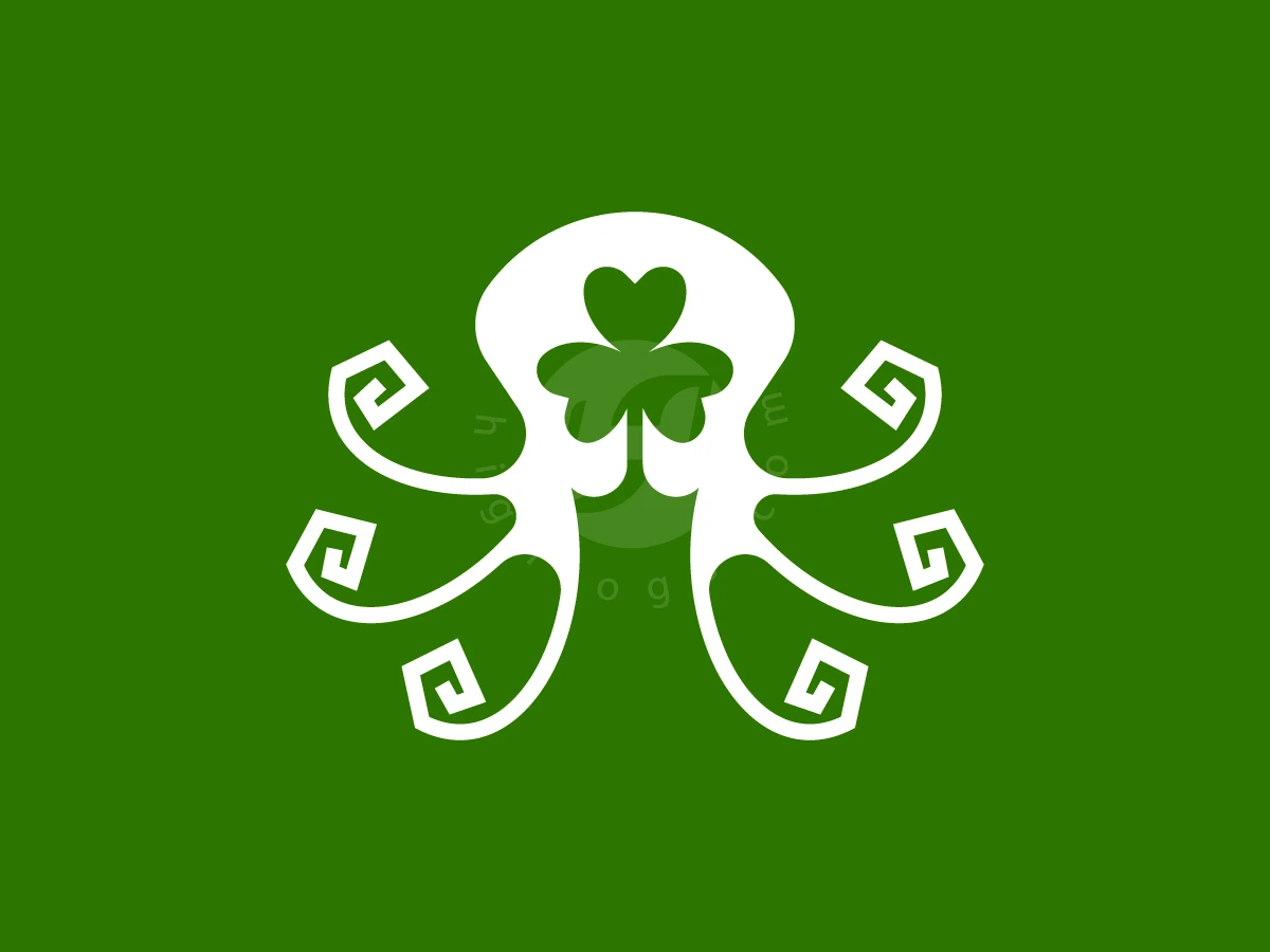 Minimal Octopus Clover Mark Logo, Green shamrock negative space defines a white octopus with spiral tentacles, set against a solid green background.