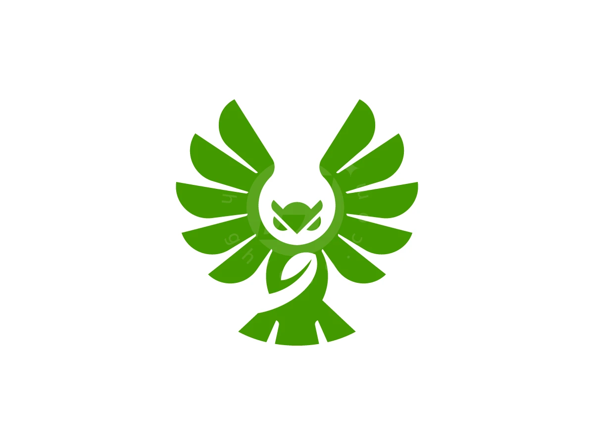Owl Leaf Eco Simple Logo, Wings spread wide in vibrant green, framing a stylized owl with sharp eyes and leaf-patterned body details.