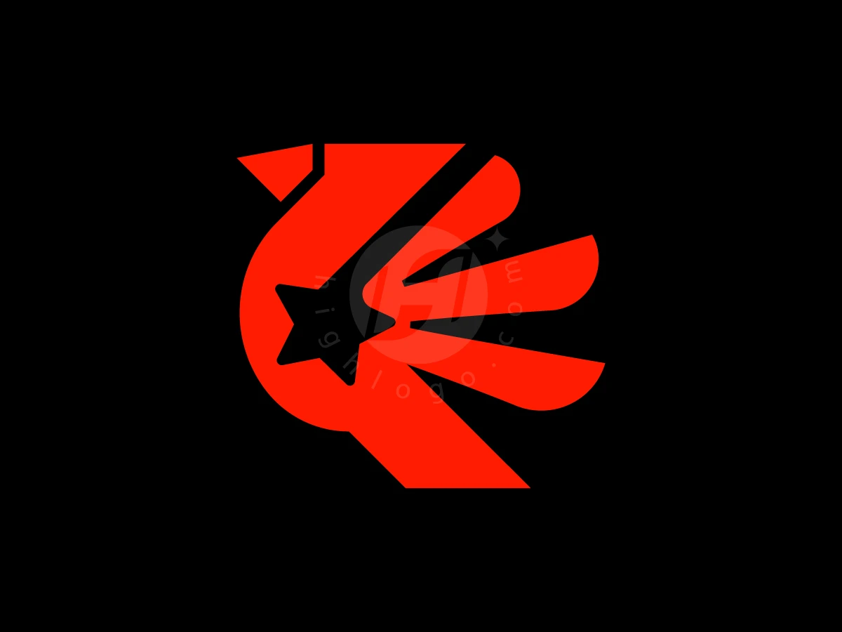 Star Cardinal Logo, Set against a black background, vibrant red geometric shapes create a stylized wing emblem incorporating a black star.