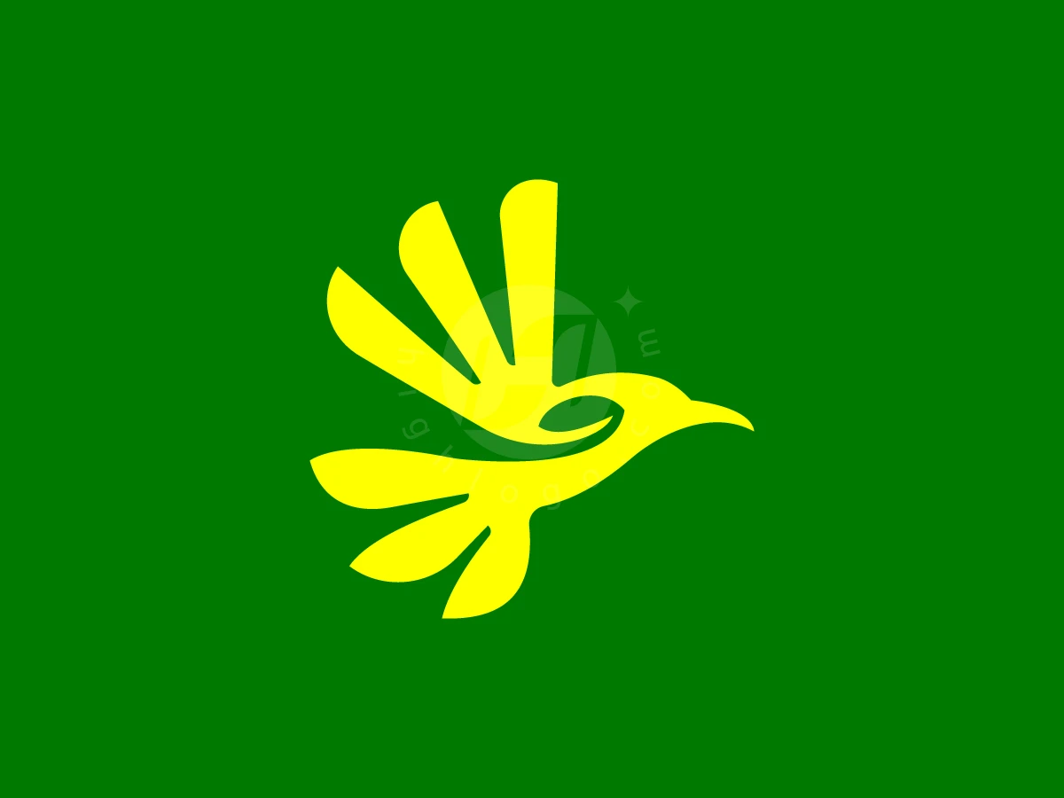 Eco Colibri Leaf Logo, Against a solid green backdrop, a bright yellow stylized bird displays fan-like wing and tail feathers.