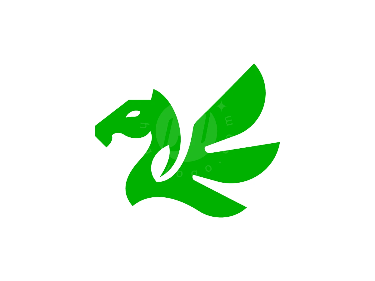 Eco Pegasus Leaf Logo, Shaped with sharp geometric wings, a vibrant green dragon emblem stands out on a plain white background.