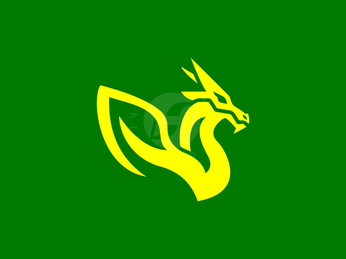 Eco Dragon Leaf Logo, Set against a solid green background, a vibrant yellow dragon graphic features sharp horns and stylized wings.