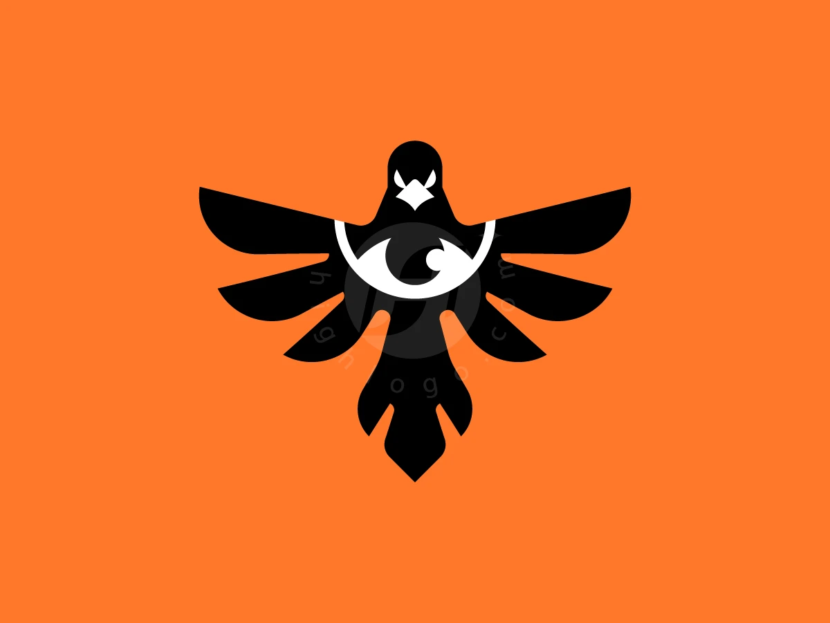 Visionary Eagle Eye Logo, Orange backdrop showcases a black bird silhouette with spread wings, sharp eyes, and a central white eye symbol.