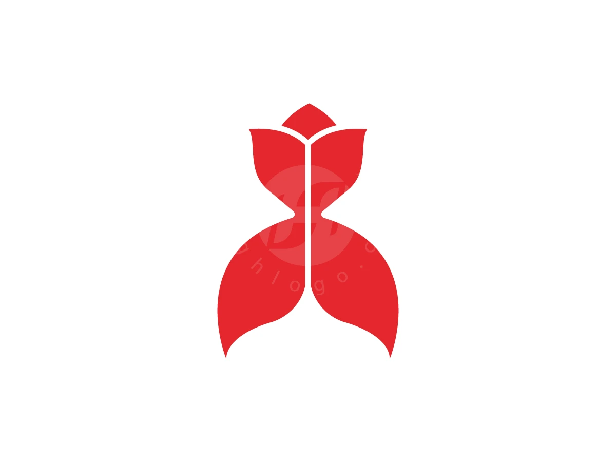 Tulip Whale Tail Logo, Red stylized tulip petals merge seamlessly into a curved mermaid tail shape on a plain white background.
