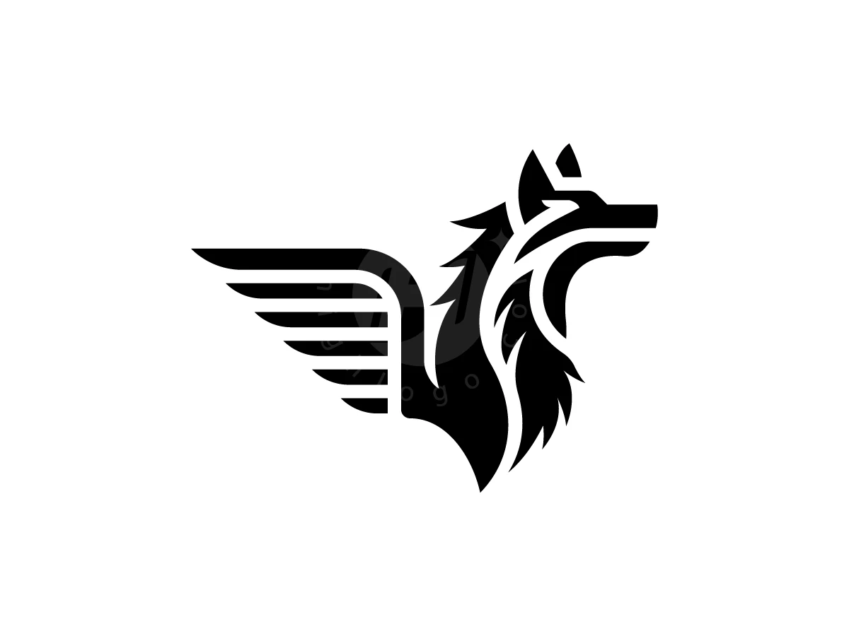 Wolf Wings Majestic Logo, Combining sharp feathered wings and a wolf profile, this solid black graphic silhouette stands against a plain white background.