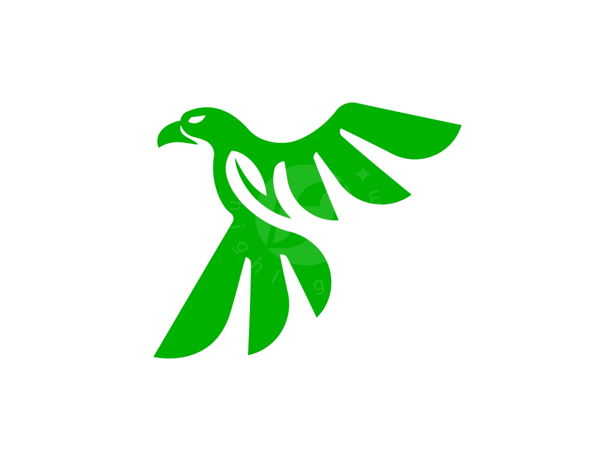 Eco Falcon Leaf Logo, Shaped like stylized leaves, a bright green bird spreads its wings against a plain white background.