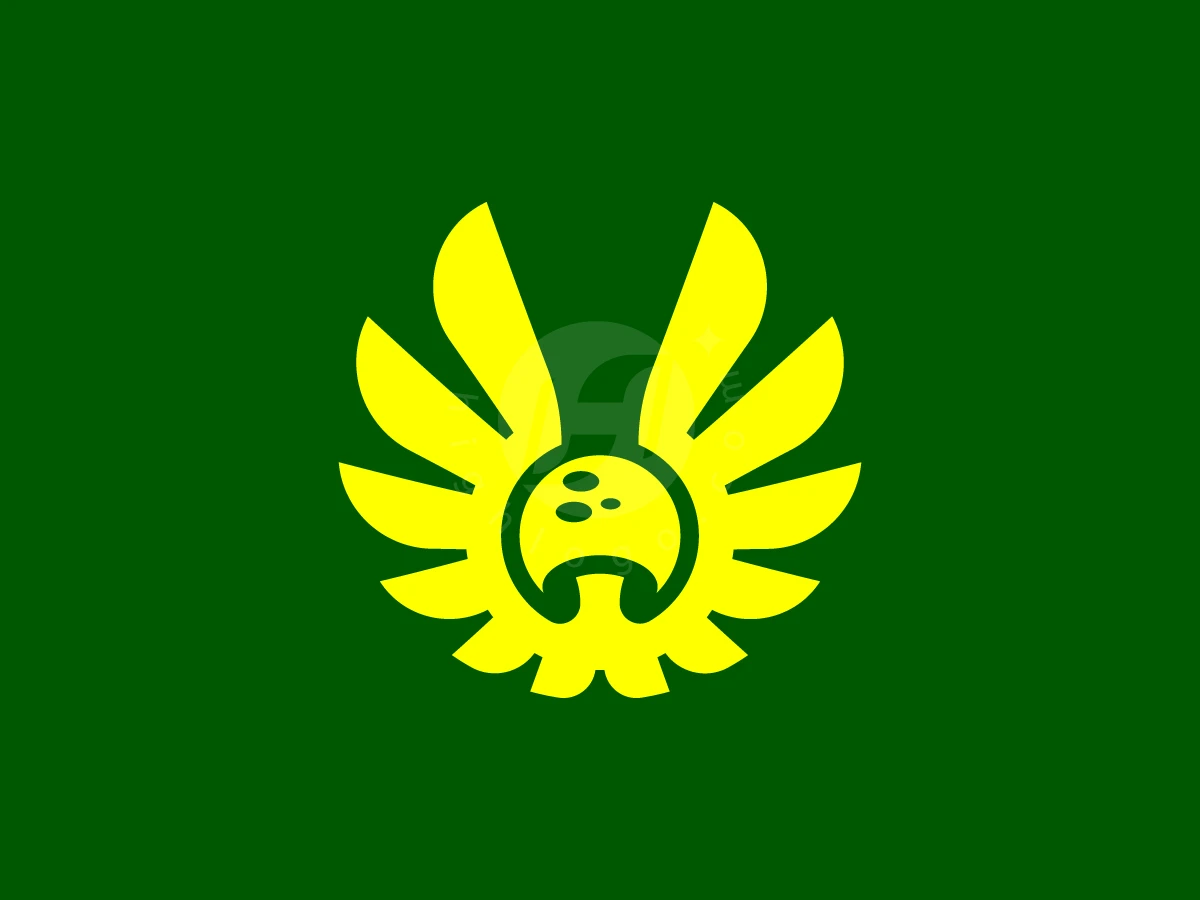 Simple Mushroom Wings Logo, Centered against a deep green background, a vibrant yellow winged emblem features a circular head with dark dots.