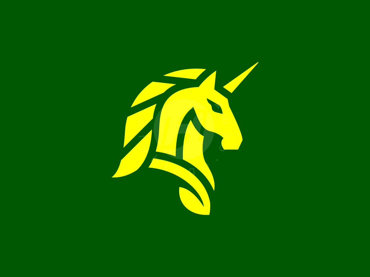 Cool Unicorn Leaf Logo, Yellow vector shapes form a stylized unicorn head with a pointed horn over a solid dark green background.