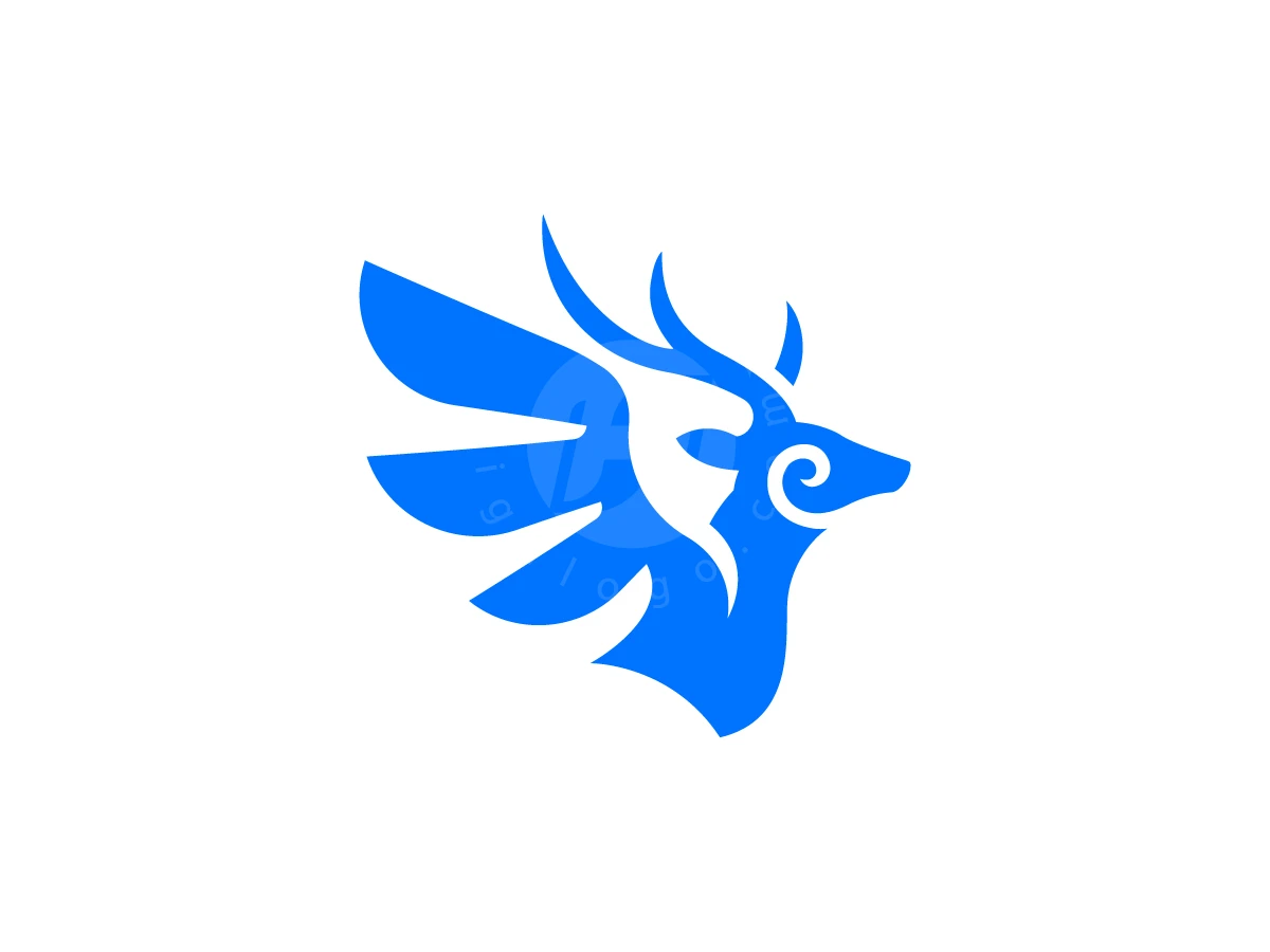 Simple Deer Wings Logo, Wings and curved antlers extend from a vibrant blue stag head featuring a white swirl on white background.
