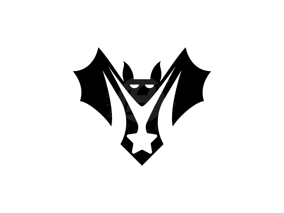 Cool Bat Star Logo, Sharp black bat wings frame a white star emblem and geometric curves against a solid white background.