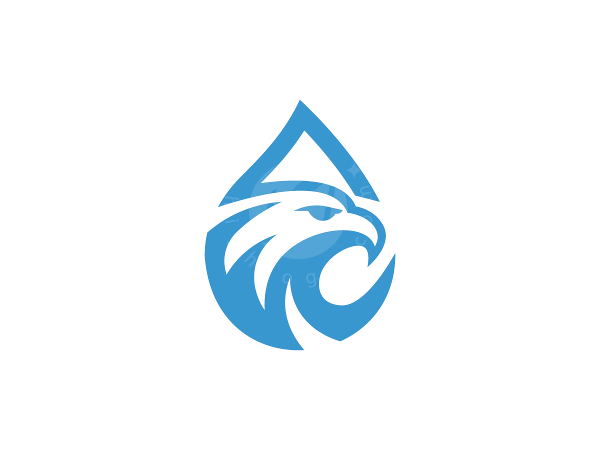 Against a black background, blue fluid lines define this minimalist eagle logo within a teardrop silhouette.