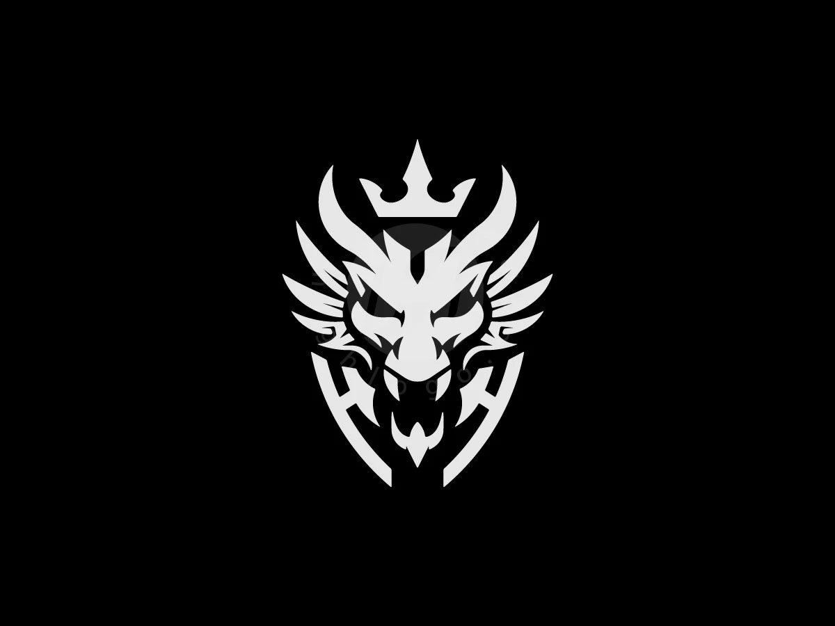 Crowned dragon head with sharp wings forms a white crest logo centered on a solid black background.