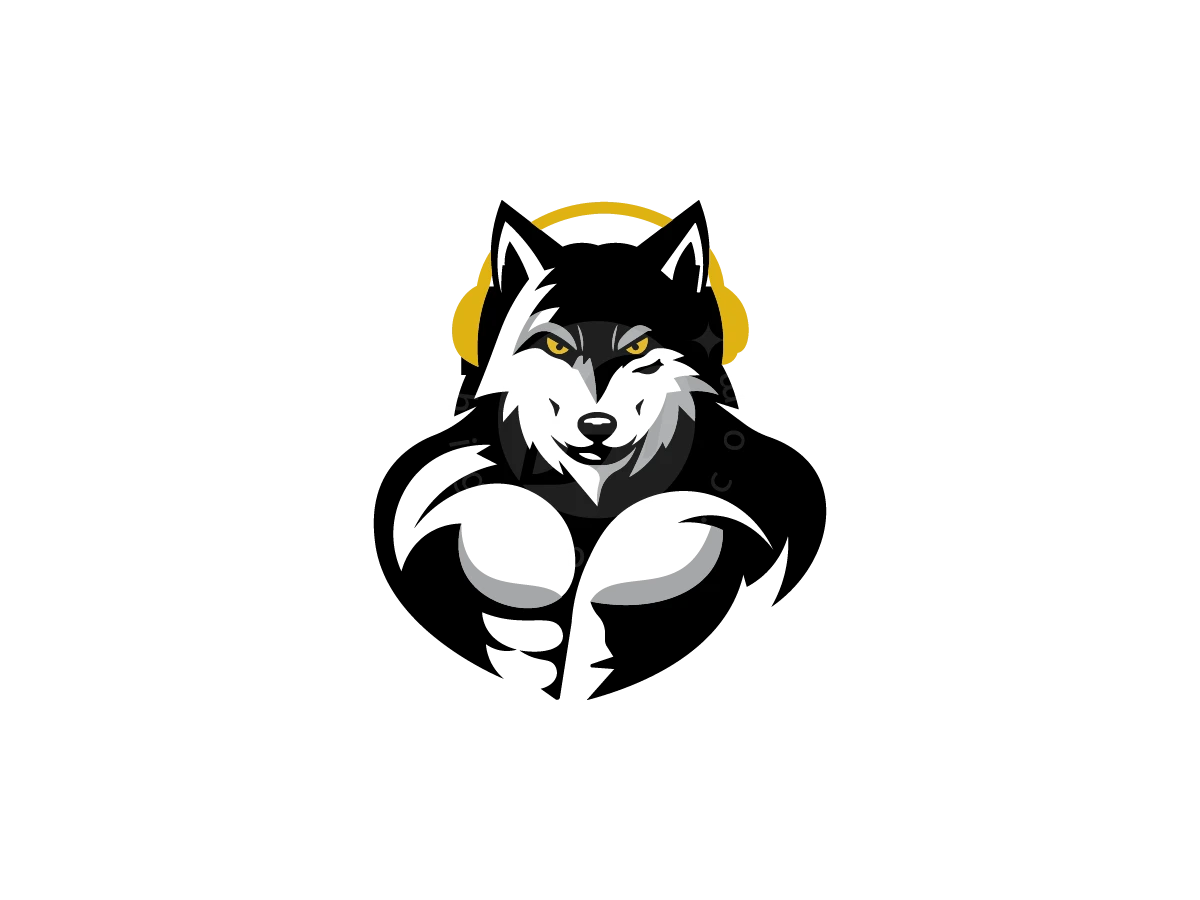 Gold headphones and yellow eyes feature on this fierce grey wolf mascot Alpha Wolf Headphones logo.
