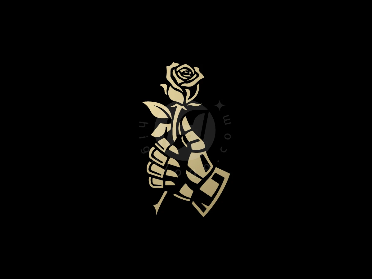 Holding a blooming rose, a golden armored gauntlet creates a sophisticated logo centered on a solid black background.