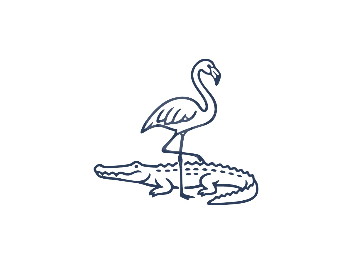 Featuring navy blue outlines, this logo depicts a flamingo standing in harmony on the back of an alligator.