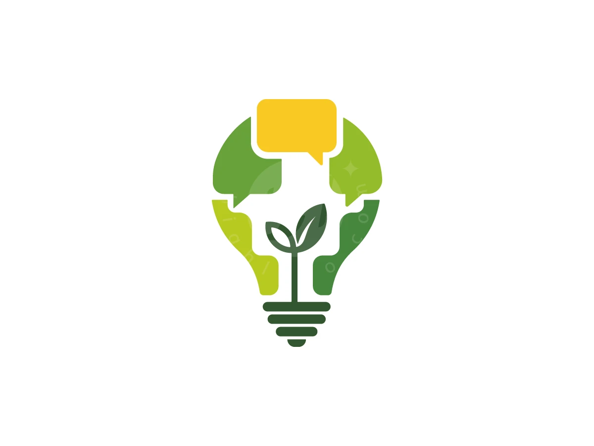 Eco Idea Communication Logo, Speech bubbles in green and yellow form a lightbulb shape around a small, dark green growing plant sprout.