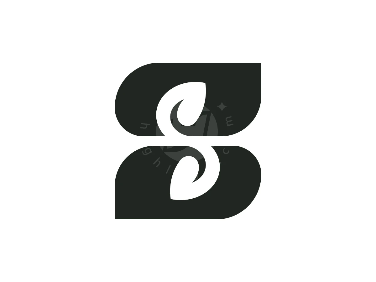 Abstract Letter S Symbol Leaf Logo, Black curved blocks enclose white leaf-shaped negative space, forming a stylized vertical S-shape on a white background.