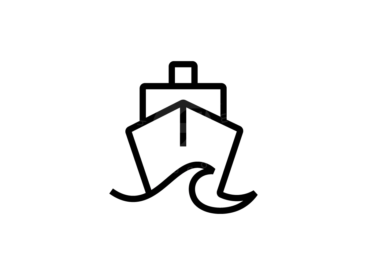 Minimalist Ship Outline Logo, Black geometric outlines depict a ship's bow and cabin atop a single curling wave against a white backdrop.