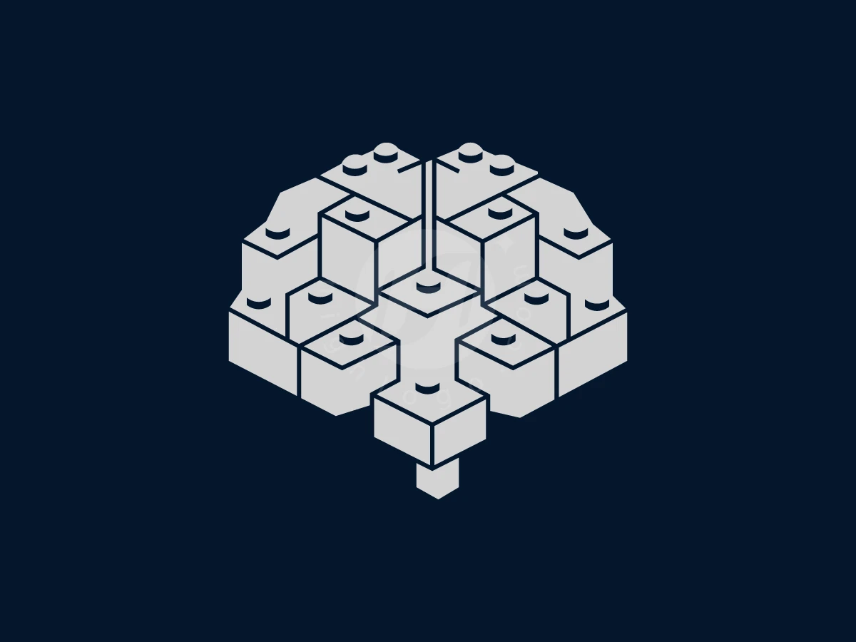 Innovation Blocks Brain Logo, Toy building blocks in light gray form an isometric brain shape on a dark blue background.