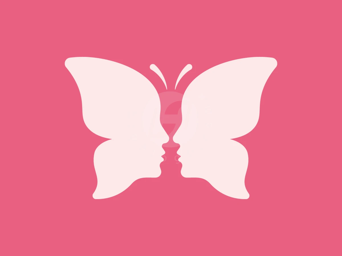 Human Kissing Butterfly Love Logo, Symmetrical pale pink butterfly wings double as two facing human profiles set against a solid rose-pink background.