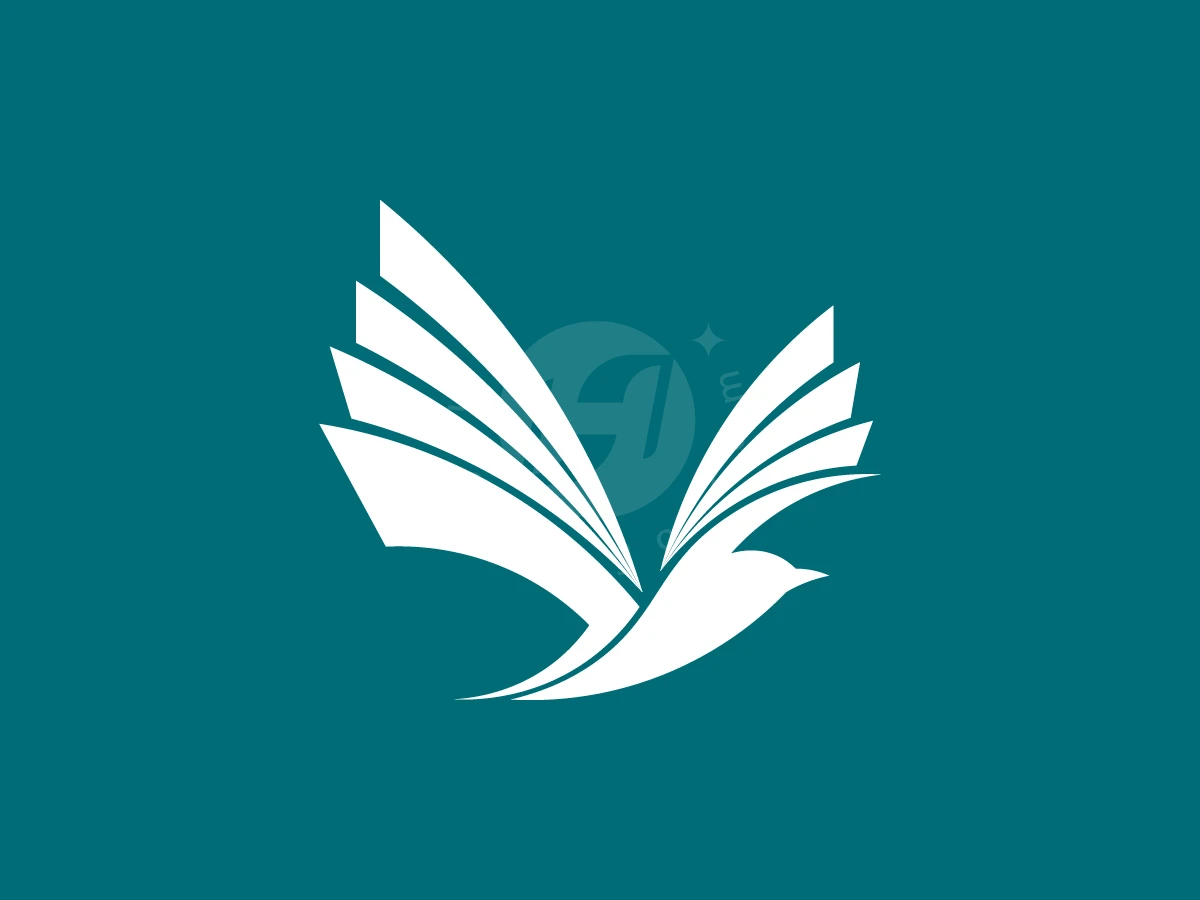 Freedom Bright Education Logo, Against a teal background, a stylized white bird glides with wings shaped like pages of an open book.