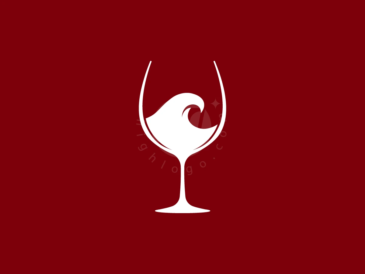 Ocean Wave Natural Wine Logo, Against a deep red background, a white wine glass silhouette features a stylized ocean wave swirling inside.