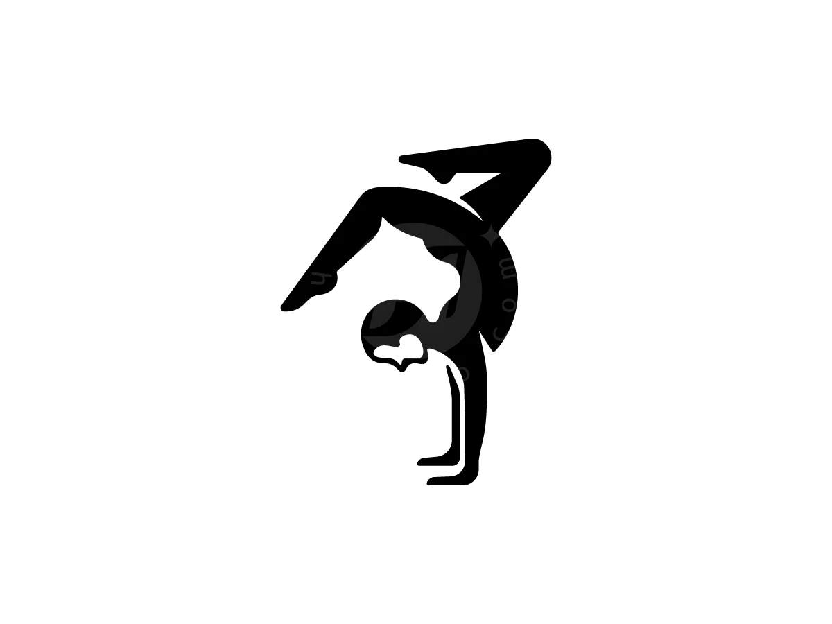 Movement Balance Pose Logo, Balancing in a handstand, a black silhouette of a gymnast arches gracefully against a solid white background.