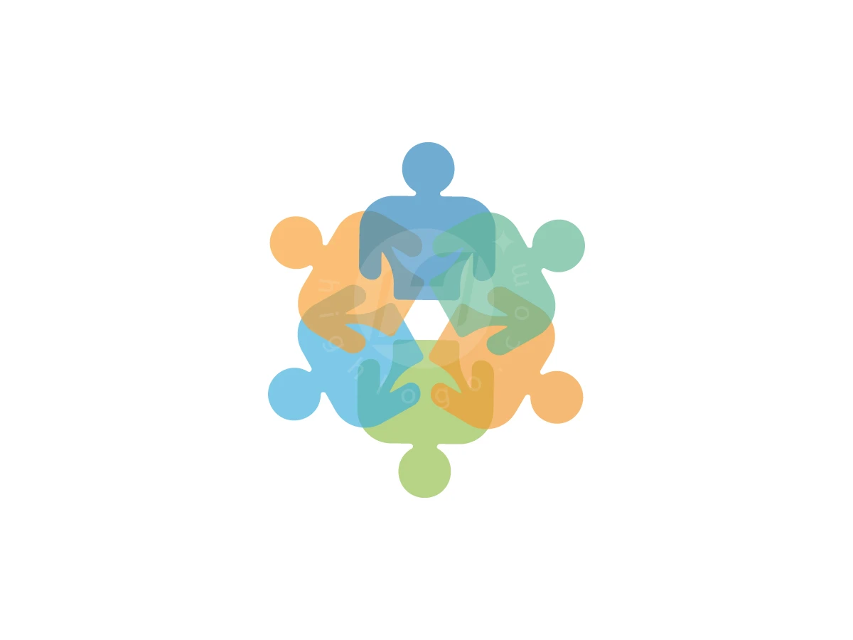 Growth Together Community Circle Logo, Interlocking pastel human silhouettes in blue, green, and orange form a circular pattern with a central white triangle.