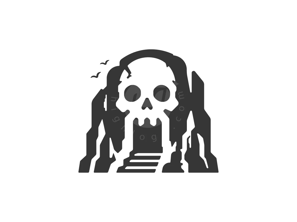 Danger Fantasy Skull Cave Logo, Stone steps lead into a skull-shaped cave entrance formed by dark, jagged rocks on a white background.