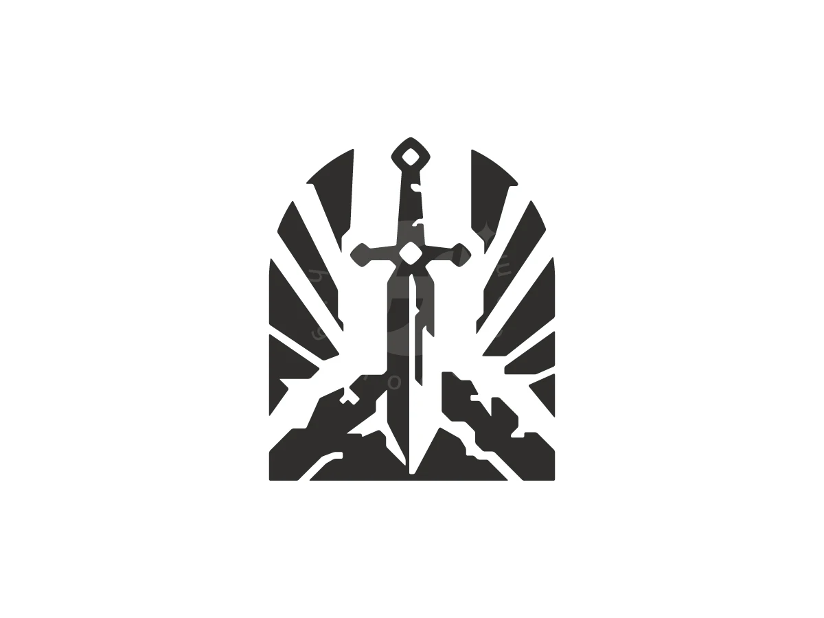 Heroism Legendary Sword & Mountain Logo, Plunged into cracked stone, a dark, weathered sword is framed by radiating geometric beams against a white background.