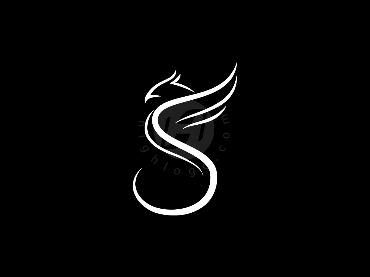 Minimalist Letter S Phoenix Logo, Elegant white curves form a stylized phoenix in the shape of an S against a solid black background.
