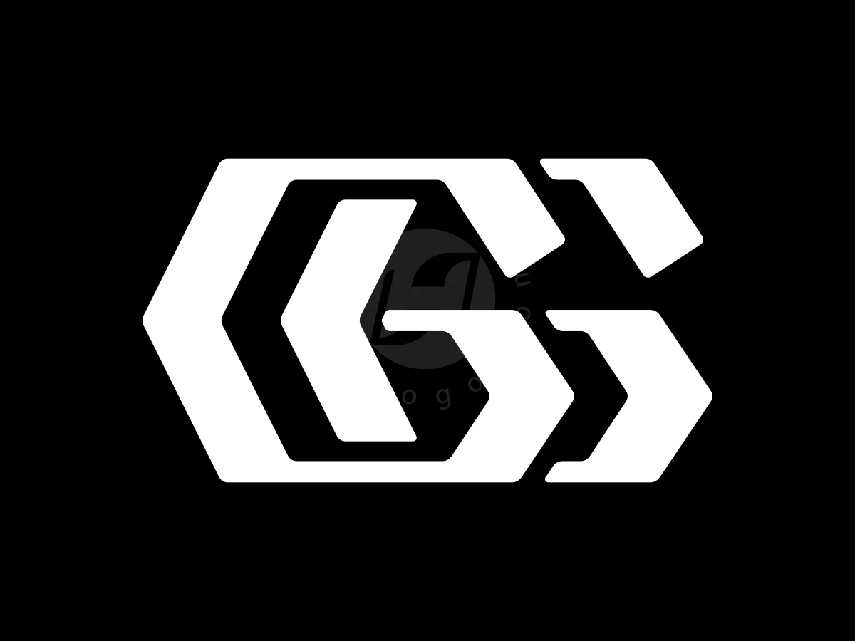 Interlocking white geometric G letters form a sharp, bold double letter logo on a black background.