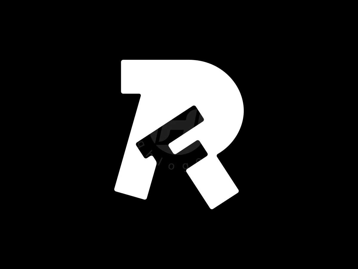 Letters R and F interlock to form a dynamic white monogram logo on a solid black background.