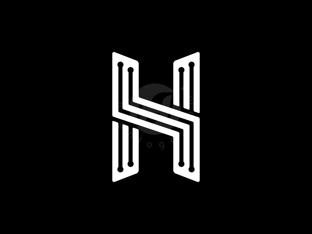 Dynamic Letter H Tech Logo, Interconnected white lines and circular nodes form a geometric letter H against a solid black background.