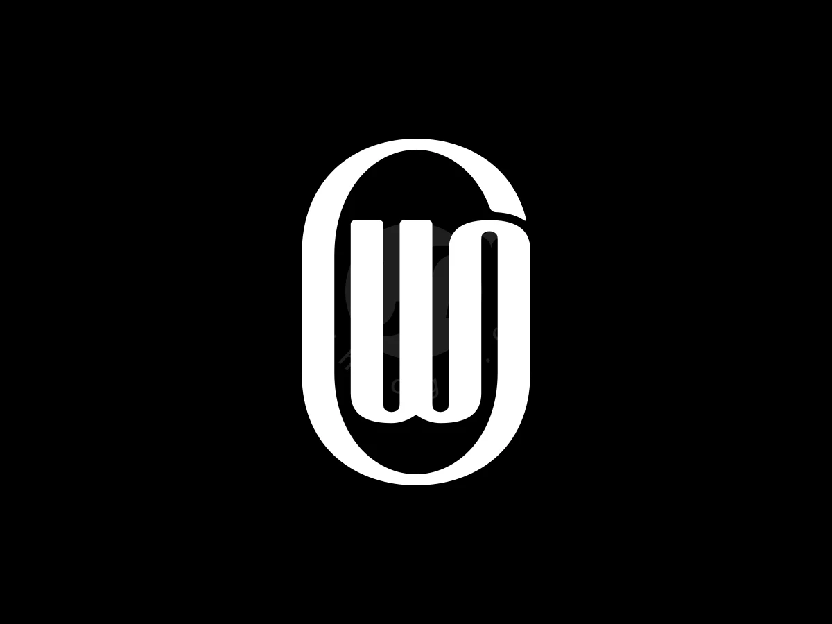 Luxury Letter WO Monogram Logo, Interlocking white letter W and oval frame create a bold, high-contrast graphic on a solid black background.