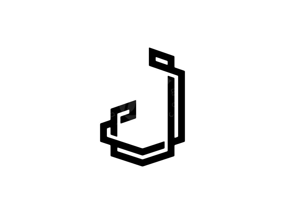 Ornament Letter J Monogram Logo, Black geometric lines weave together to form a stylized, angular letter J monogram on a white background.