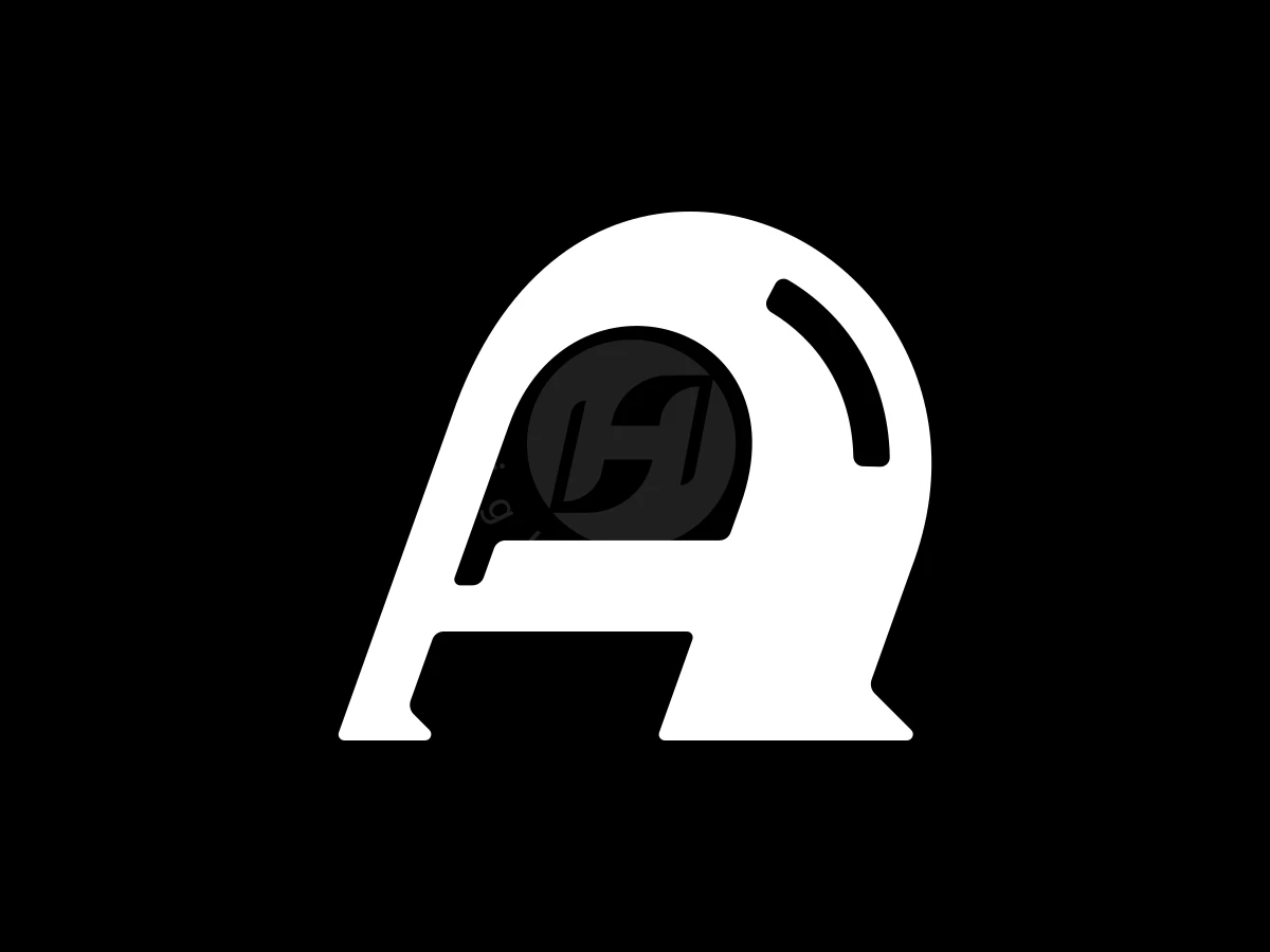Iconic Letter A Monogram Logo, White stylized letter 'A' on a black background contains a dark circular emblem with a letter 'H' inside.