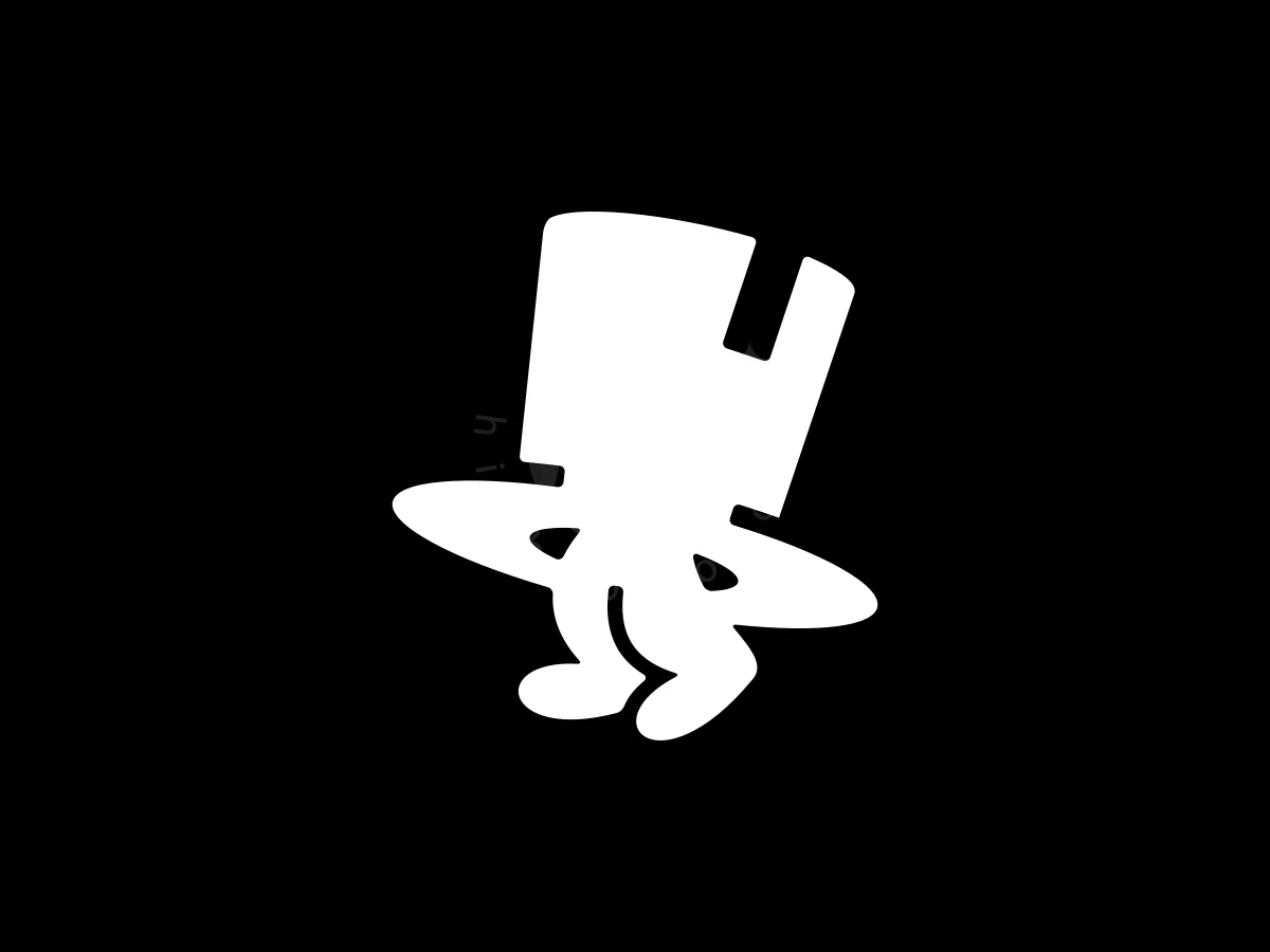 Luxury Magic Hat Tricks Logo, White silhouette of a box-headed cartoon character wearing a ring, depicted against a solid black background.