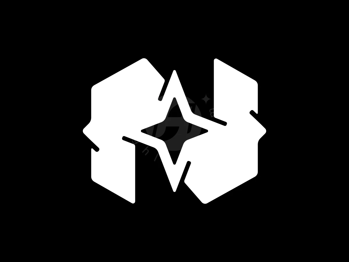 Iconic Letter N Star Logo, Interlocking white shapes create an abstract geometric emblem with a central four-pointed star on a solid black background.