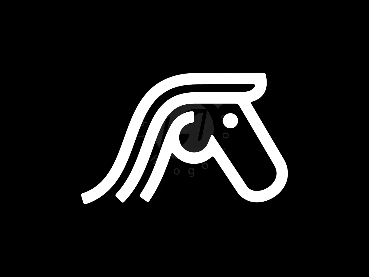 Stylish Futuristic Horse Head Logo, White monoline strokes depict a stylized horse head with flowing mane against a solid black background.
