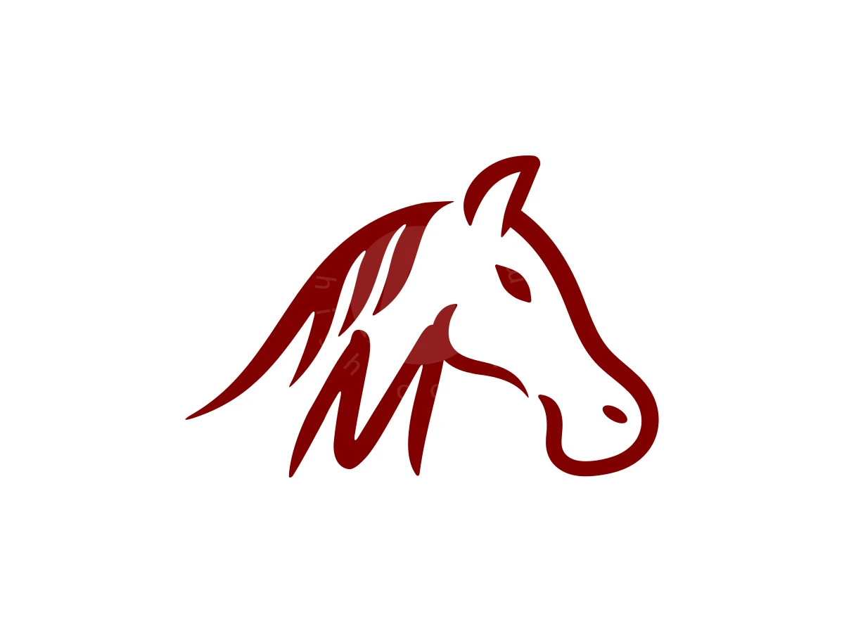 Luxury Letter M Horse Logo, Sweeping maroon brushstrokes depict a stylized horse head profile and flowing mane on a crisp white backdrop.