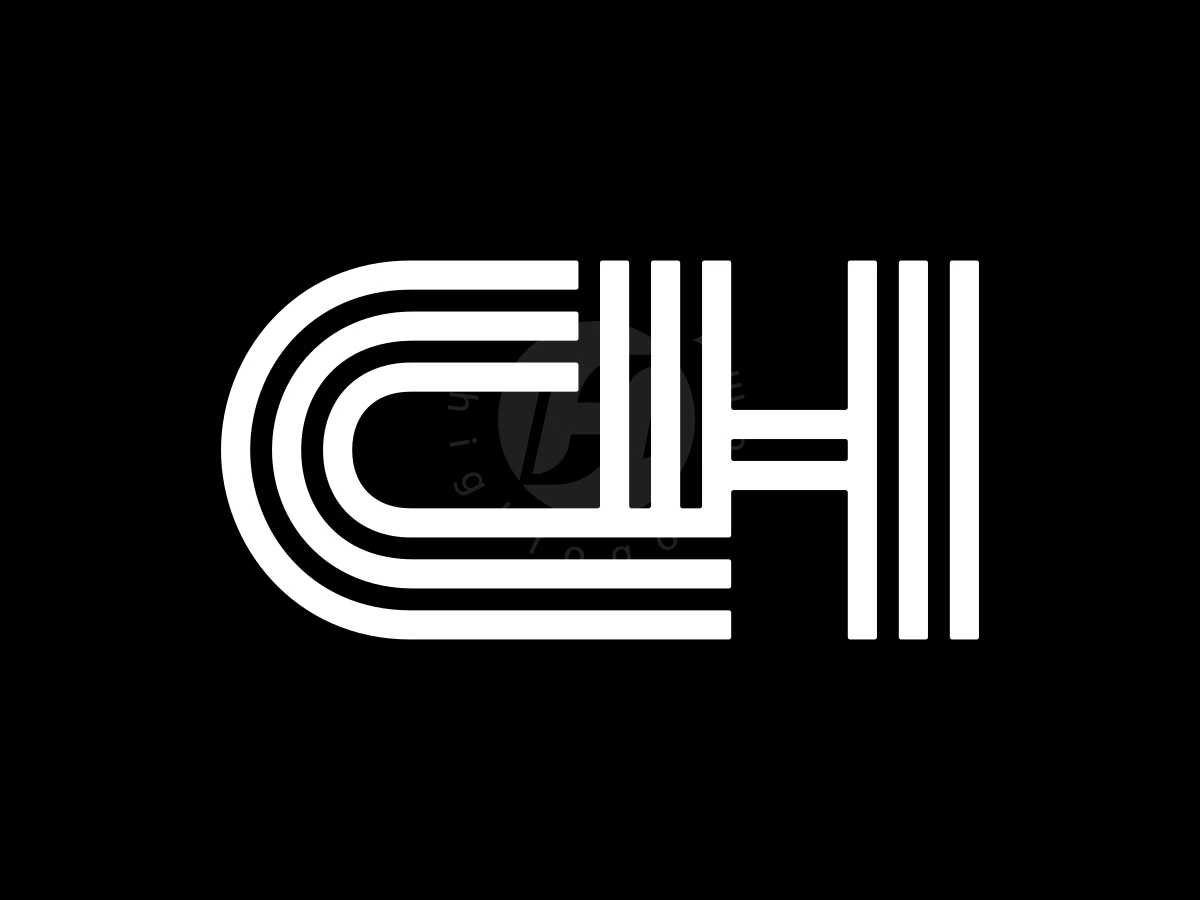 Triple Line Letter CH Logo, Parallel white lines construct interlocking letters C and H against a solid black background.