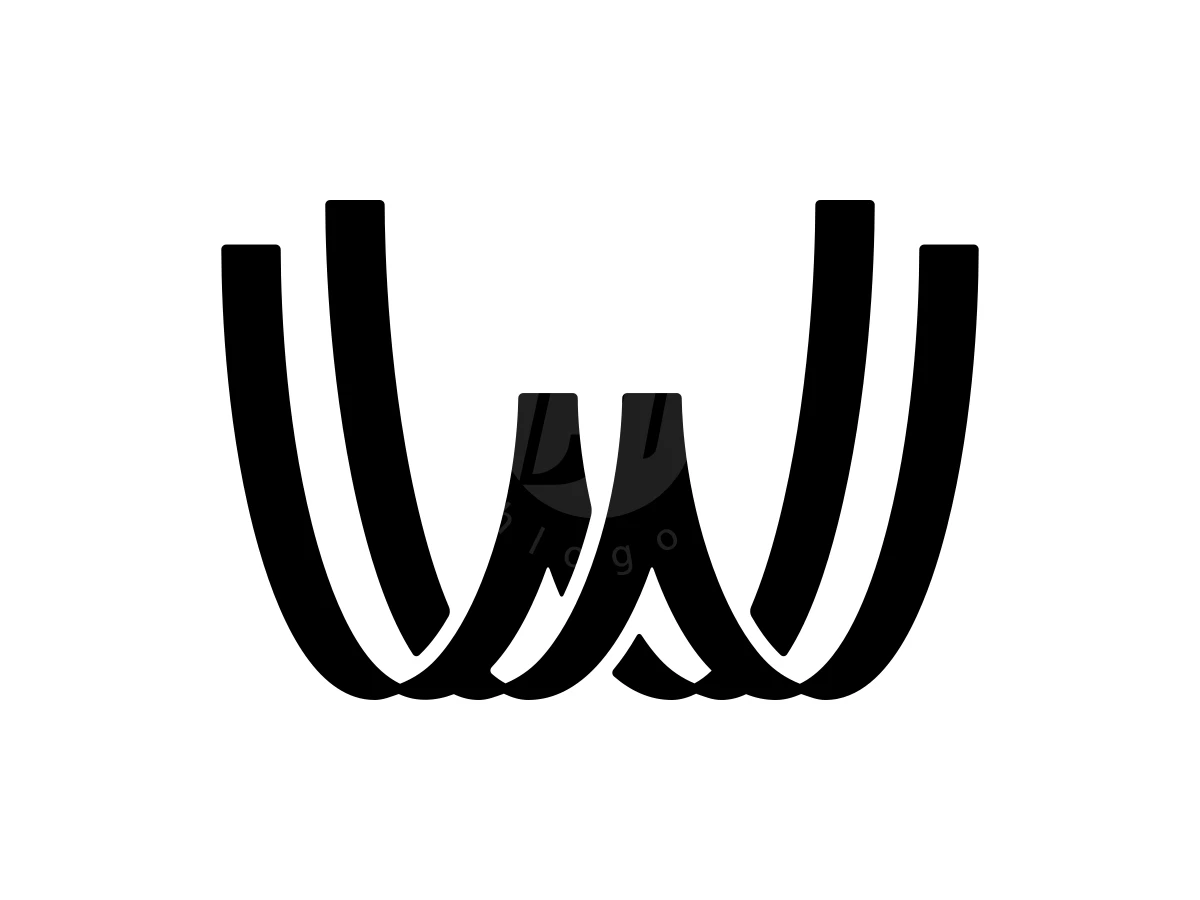 Double Line Letter W Logo, Overlapping black curved ribbons form a bold, stylized letter W on a solid white background.