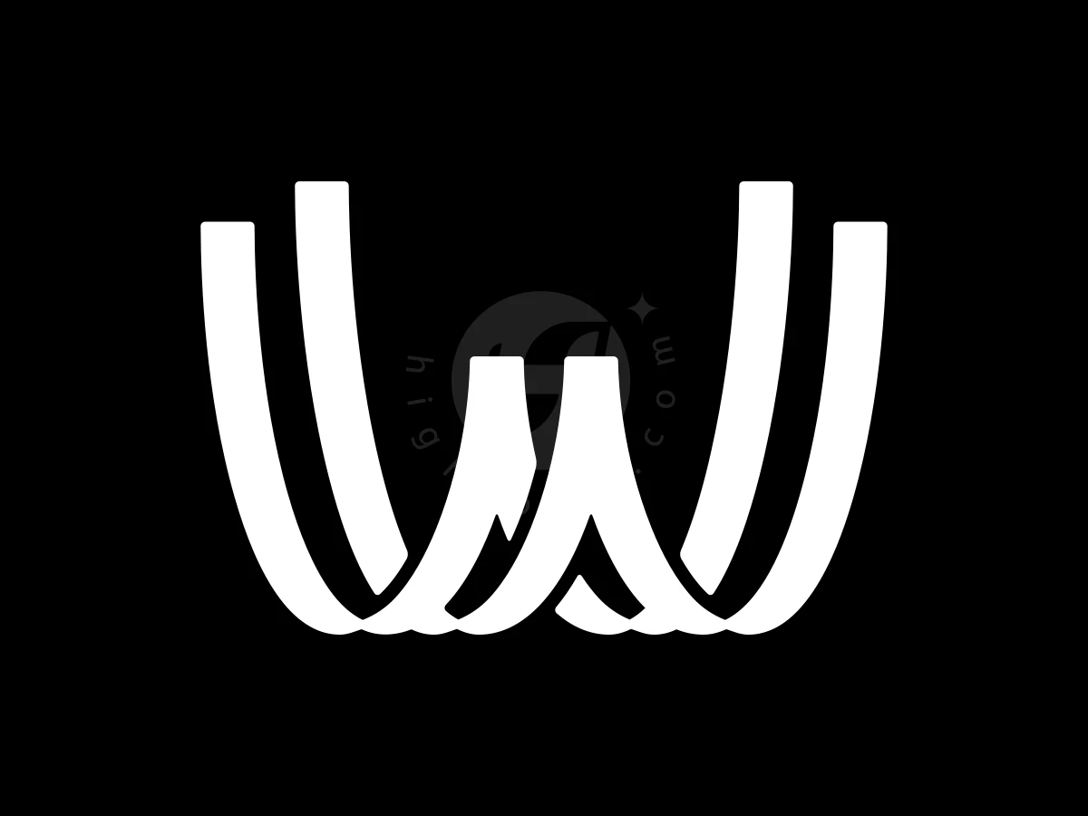 Double Line Letter W Logo, Interlocking white curved ribbons create a stylized letter W silhouette over a solid black backdrop.